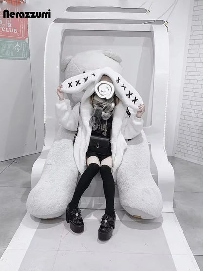 Nerazzurri Winter Sweet Cute Kawaii Soft Thick Warm White Faux Fur Coat Women with Bunny Ears Cute Fluffy Jacket Hoodie 2024 SS69