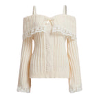 Pretty Cute Outfits Harajuku Cosplay Sweater Kawaii Lace Trim Off Shoulder Pullovers Y2K Aesthetic Vintage Long Sleeve Jumpers SS69