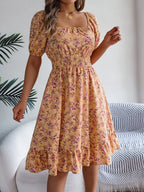 Summer Women's Beach Dress Floral 3D Print Square Neck Short-Sleeved Ladies Waist Ruffled A-Line Dress For Women Holiday Dresses