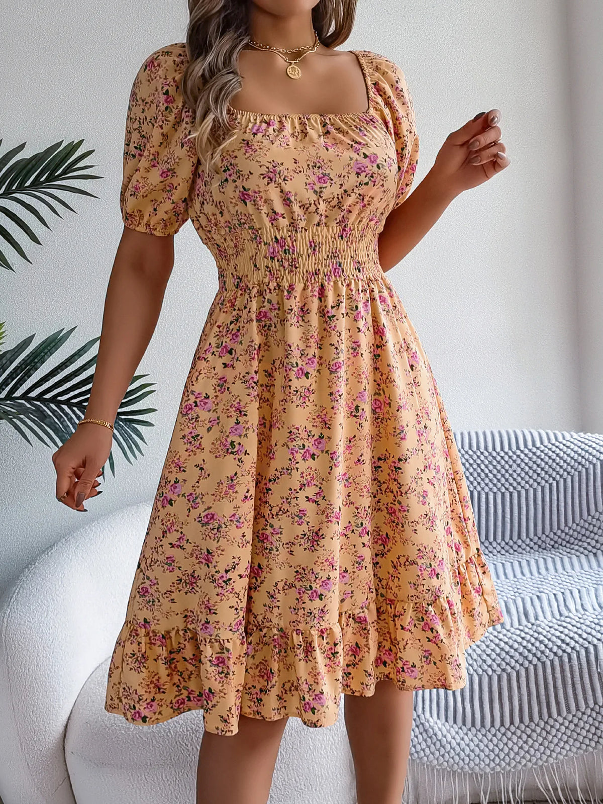 Summer Women's Beach Dress Floral 3D Print Square Neck Short-Sleeved Ladies Waist Ruffled A-Line Dress For Women Holiday Dresses