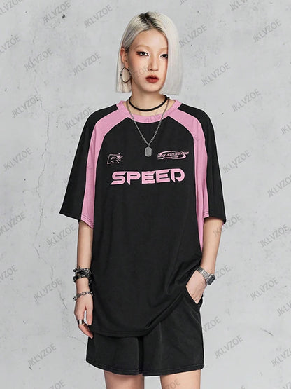 New Arriavl Summer Black Pink Retro Patchwork Football Jersey Y2K Tshirt Sports Breathable Short Sleeve O-neck T-shirt For Women SS69 25.69 TZ1105233 / XXS