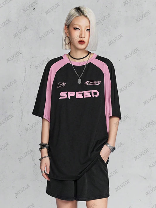 New Arriavl Summer Black Pink Retro Patchwork Football Jersey Y2K Tshirt Sports Breathable Short Sleeve O-neck T-shirt For Women SS69 25.69 TZ1105233 / XXS