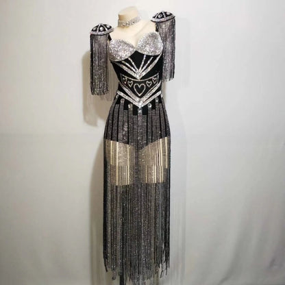 Sparkly White Rhinestones Tassels Epaulet Bodysuit Nightclub Dancer Group DJ Dance Costume Sexy Fashion Singer Stage Wear - SS69