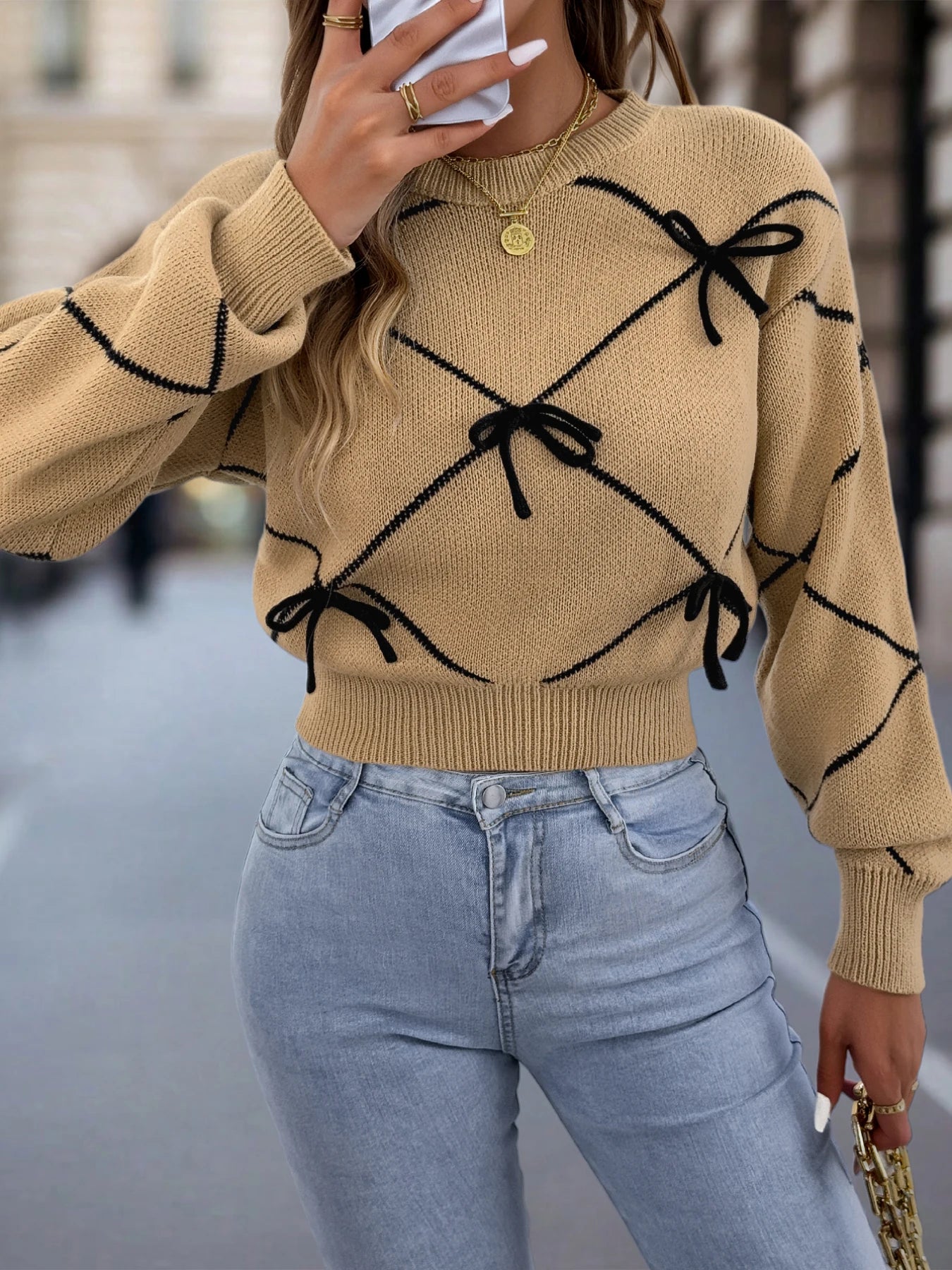2026 Fashion Contrasting Bow Knitted Sweaters Autumn Winter Casual Round Neck Lantern Long Sleeve Tops for Woman Valentine's Day