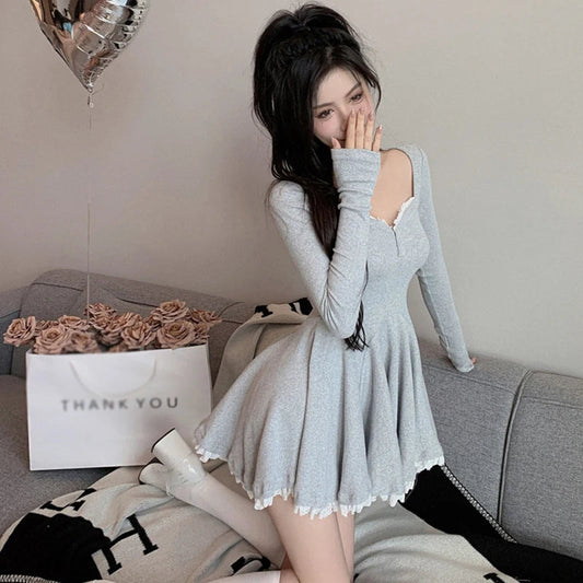 Women Sexy Korean Dress French Style Waist Closed Long Sleeve Collarbone Exposed Sweet SS69