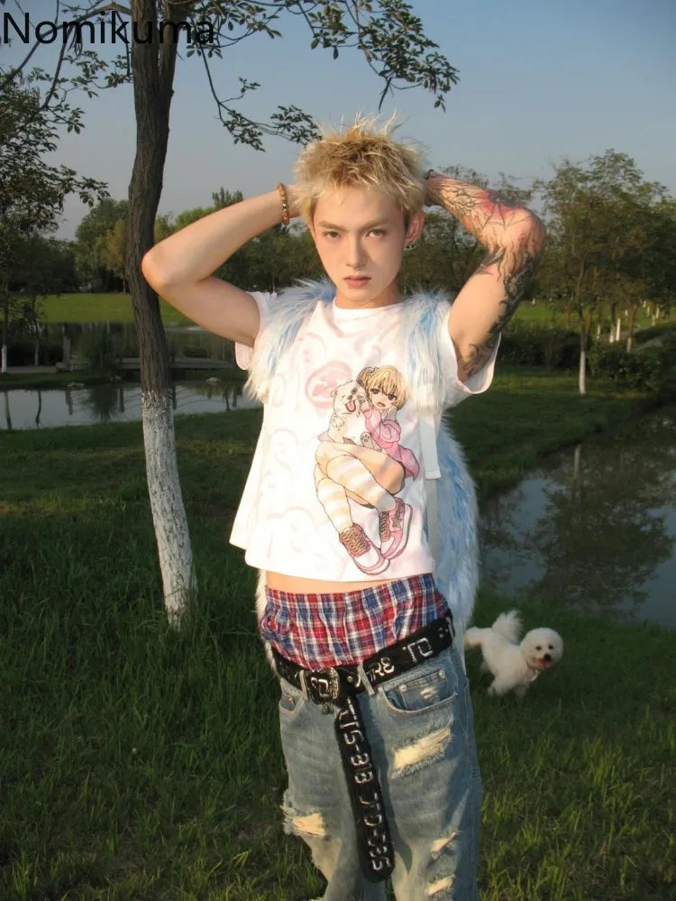 Japanese Camisetas Y2k Tshirts Crop Tops Women Clothing Short Sleeve O-neck Cute Tees Anime Print Casual Fashion Summer T-shirt SS69