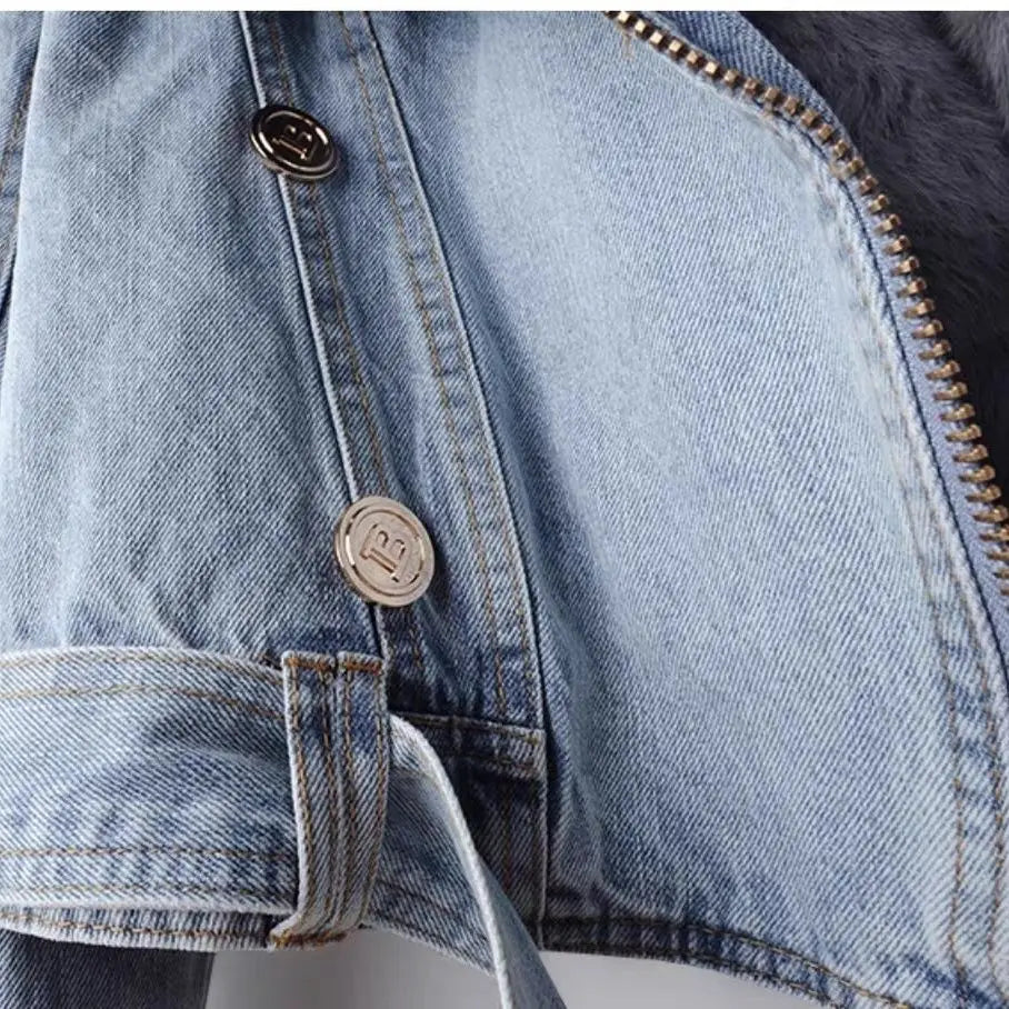 Women's Faux Fox Fur Collar Jean Jacket - Warm Winter Outwear