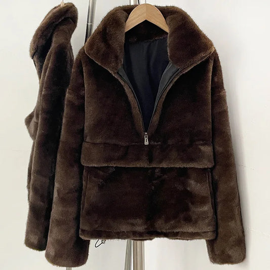 Mueyeruho 2026 Autumn Winter Women Faux Mink Fur Sweatshirt Pullover Solid Brown Streetwear Warm Long Sleeve Plush Fluffy Jacket