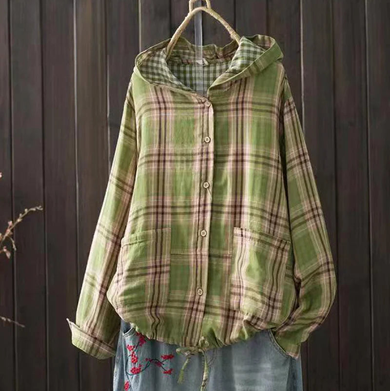 Large size blouses for women autumn spring hooded long sleeve single-breasted plaid shirts oversized shirt top female hoodies