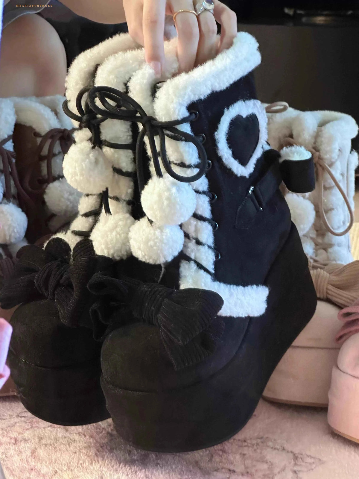 pink Sweet Winter Girls Lolita Mid-Calf Snow Boots,Cute Female Students Plush Warm Bowknots Lace Up Wedge Heel Heightening Shoes