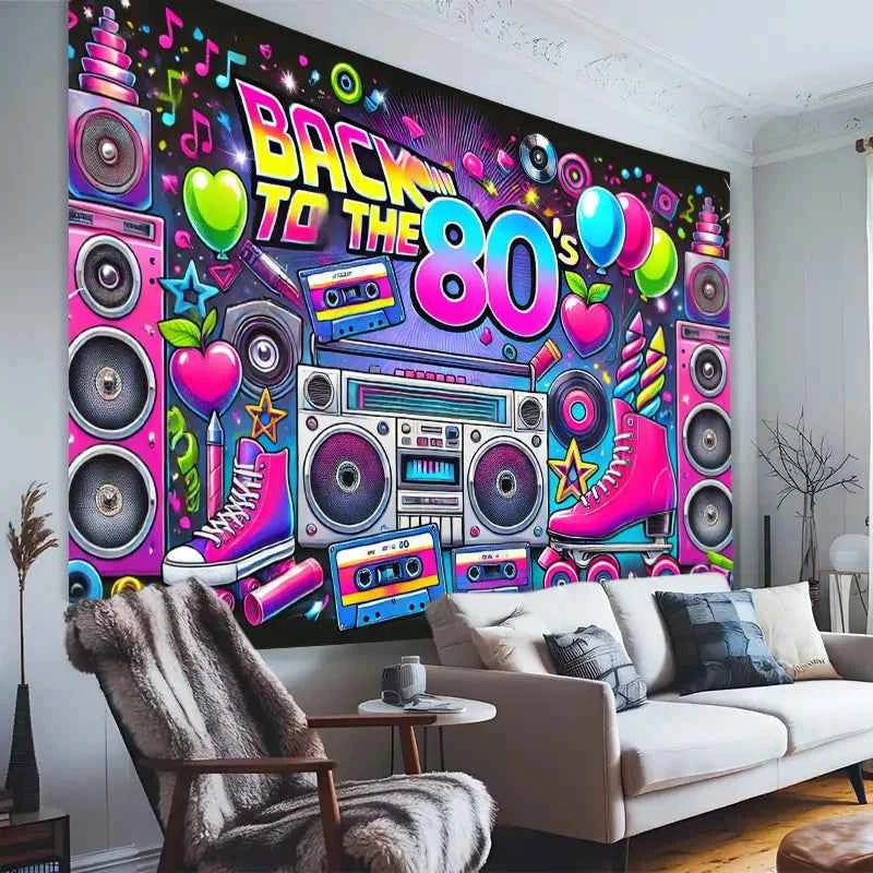 Retro 80s party background - polyester background, neon lights, tapes, amplifiers and the text "Back to the 80s"