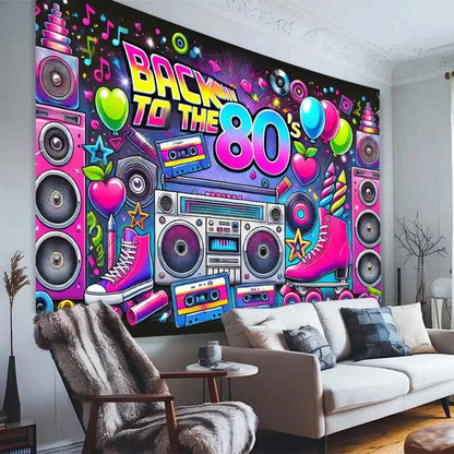 Retro 80s party background - polyester background, neon lights, tapes, amplifiers and the text "Back to the 80s"