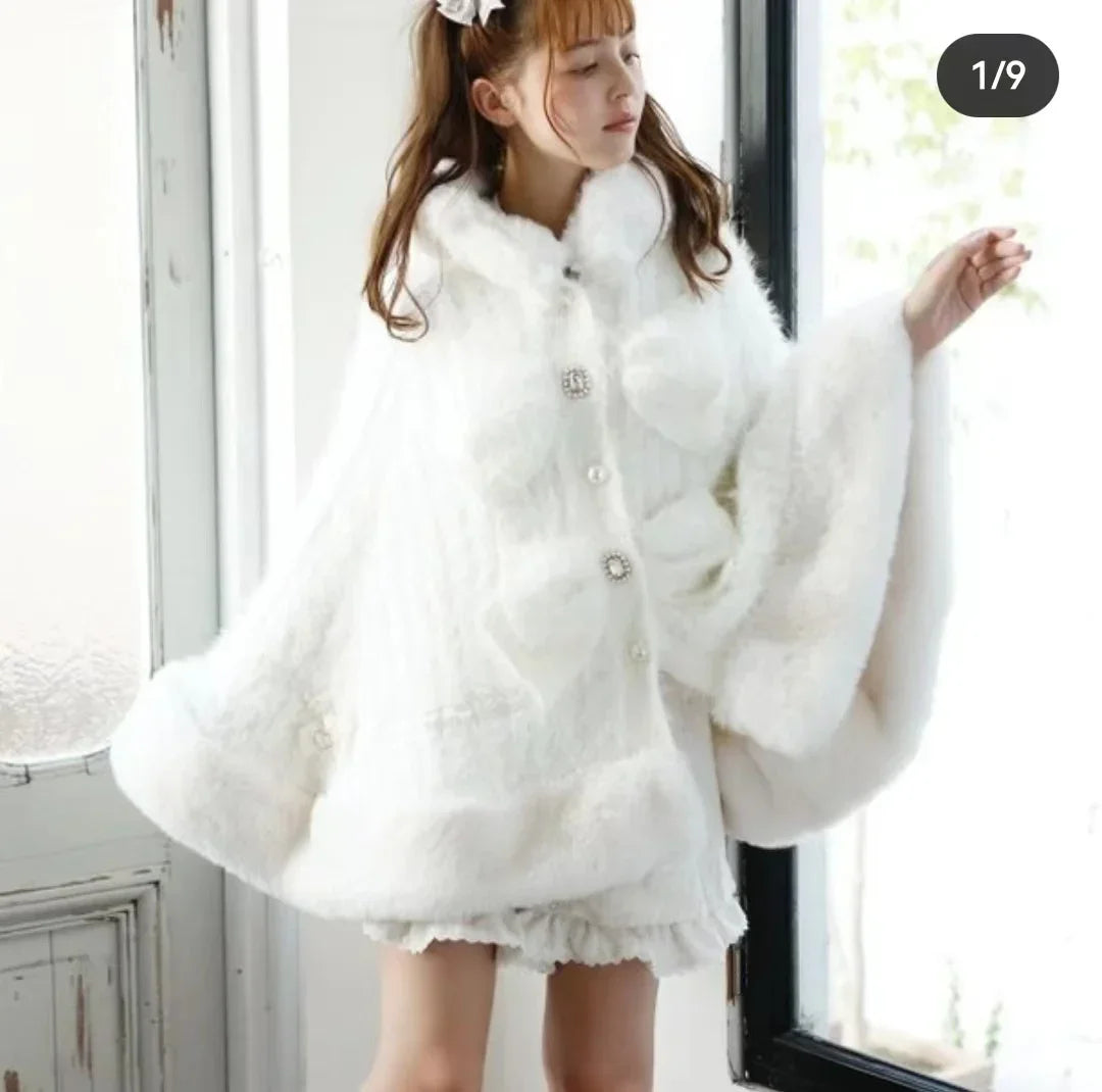 Godivana Lolita Faux Rabbit Fur Cape Coat with Rhinestone Bow and Hood