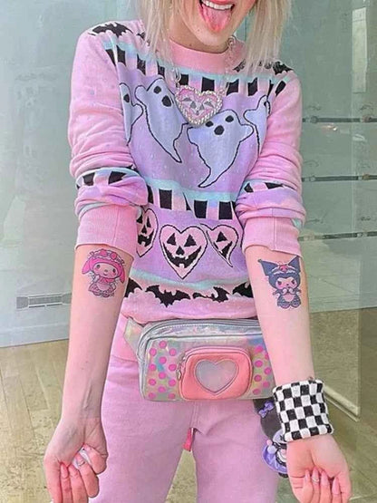 Yangelo Pink Kawaii Sweater Women's Knitted Top Gothic Ghost Bat Pattern Autumn Winter Warm Fairy Grunge Clothing