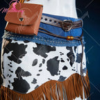 Mobbunny Women Cowgirl Tassel Suit Hippie Style Cosplay Costume Cow Denim Top and Skirt with Gloves Belt Halloween