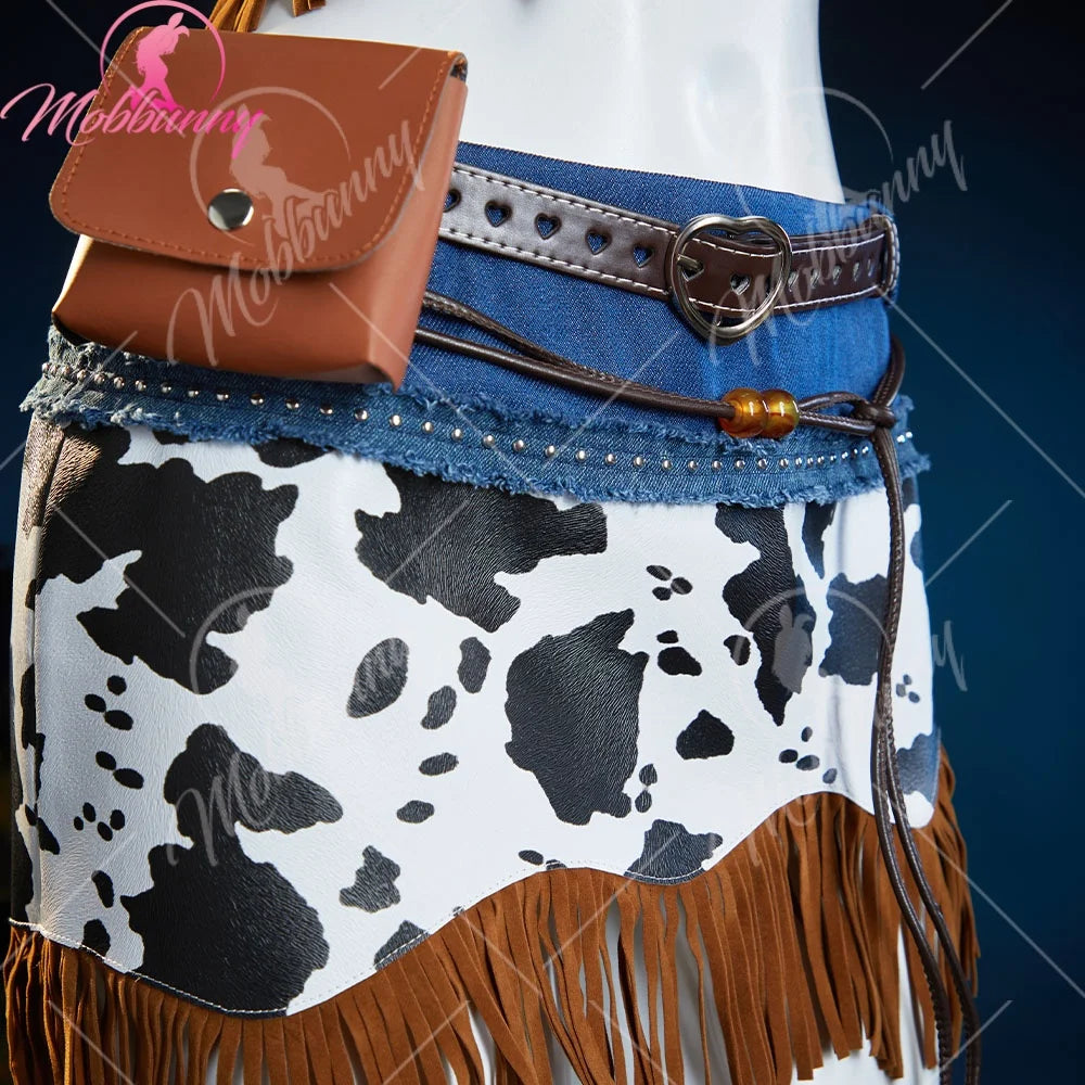 Mobbunny Women Cowgirl Tassel Suit Hippie Style Cosplay Costume Cow Denim Top and Skirt with Gloves Belt Halloween