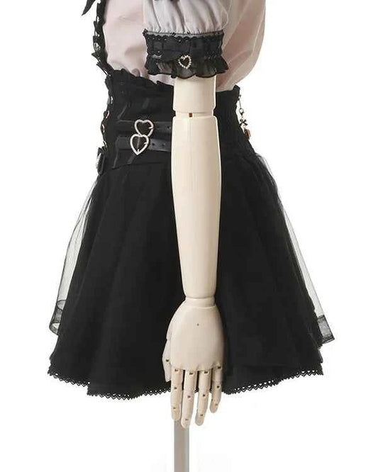 Japanese Liz New Summer Lace Edge Leather Ring High Waist Pleated Skirt Ribbon Bow All-match Short Skirts Big Bow Lolita Blouses