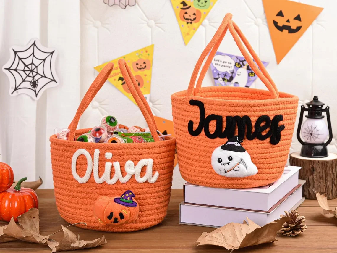 Custom Name Halloween Candy Basket, Personalized Cotton Trick or Treat Bag, Kids Candy Basket, Boo Basket, Halloween Gift,