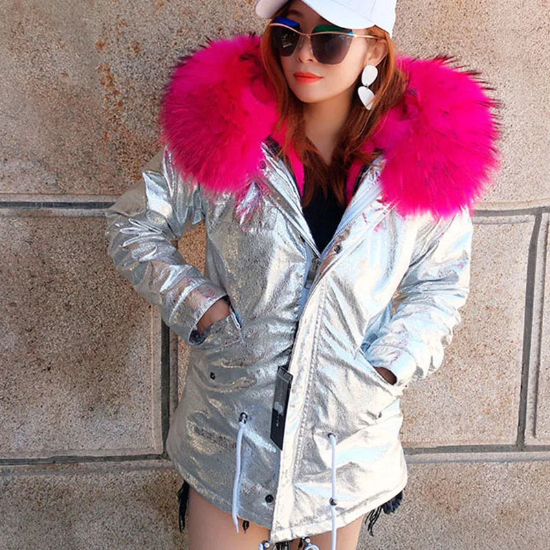 Maomaokong Winter Women Parka Cotton Jacket Real Fur Coat Natural Fox Fur Hooded Rabbit Fur Liner Thick Warm Outerwear Female