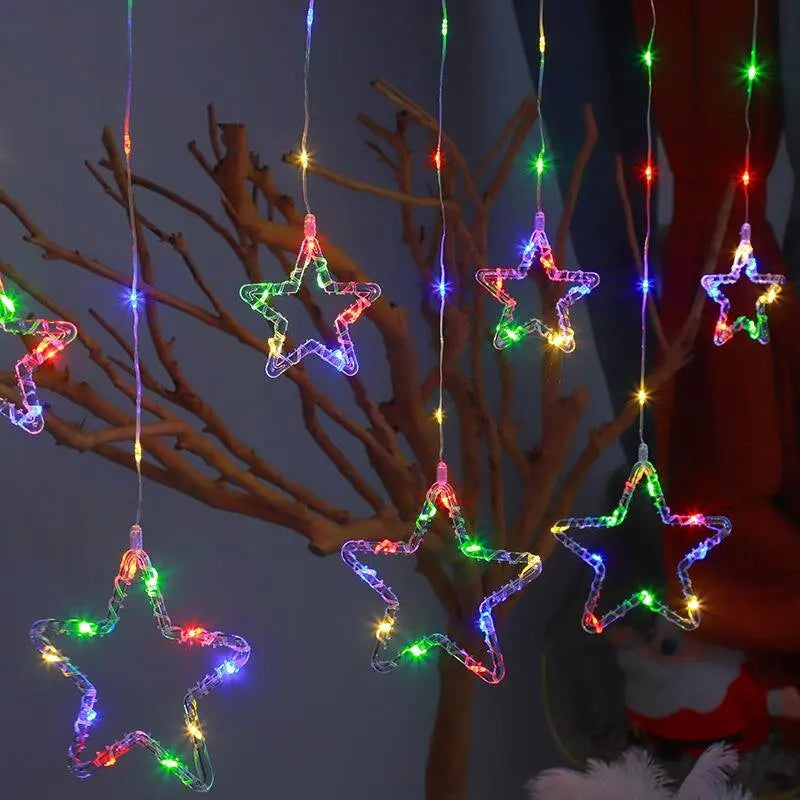 Christmas Curtain Lights LED String Lights with Tree Snowflake Star Deer Bell USB Remote 8 Modes Home Decor