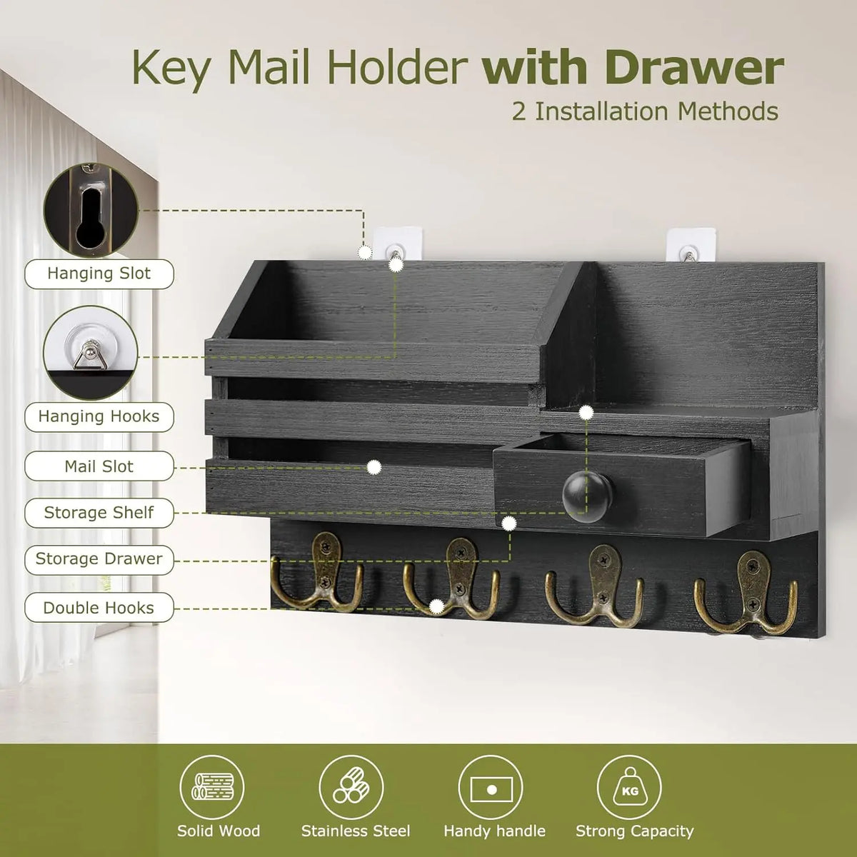 Wooden Wall Mount Key Holder with Mail Organizer & Drawer
