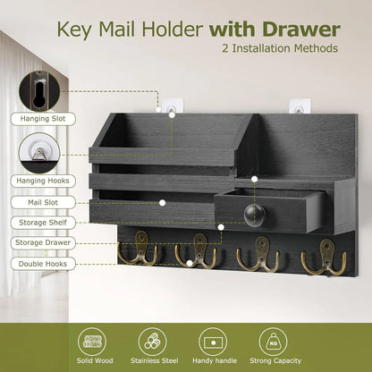 SS69 Wooden Wall Mount Key Holder with Mail Organizer, Drawer and 8 Hooks