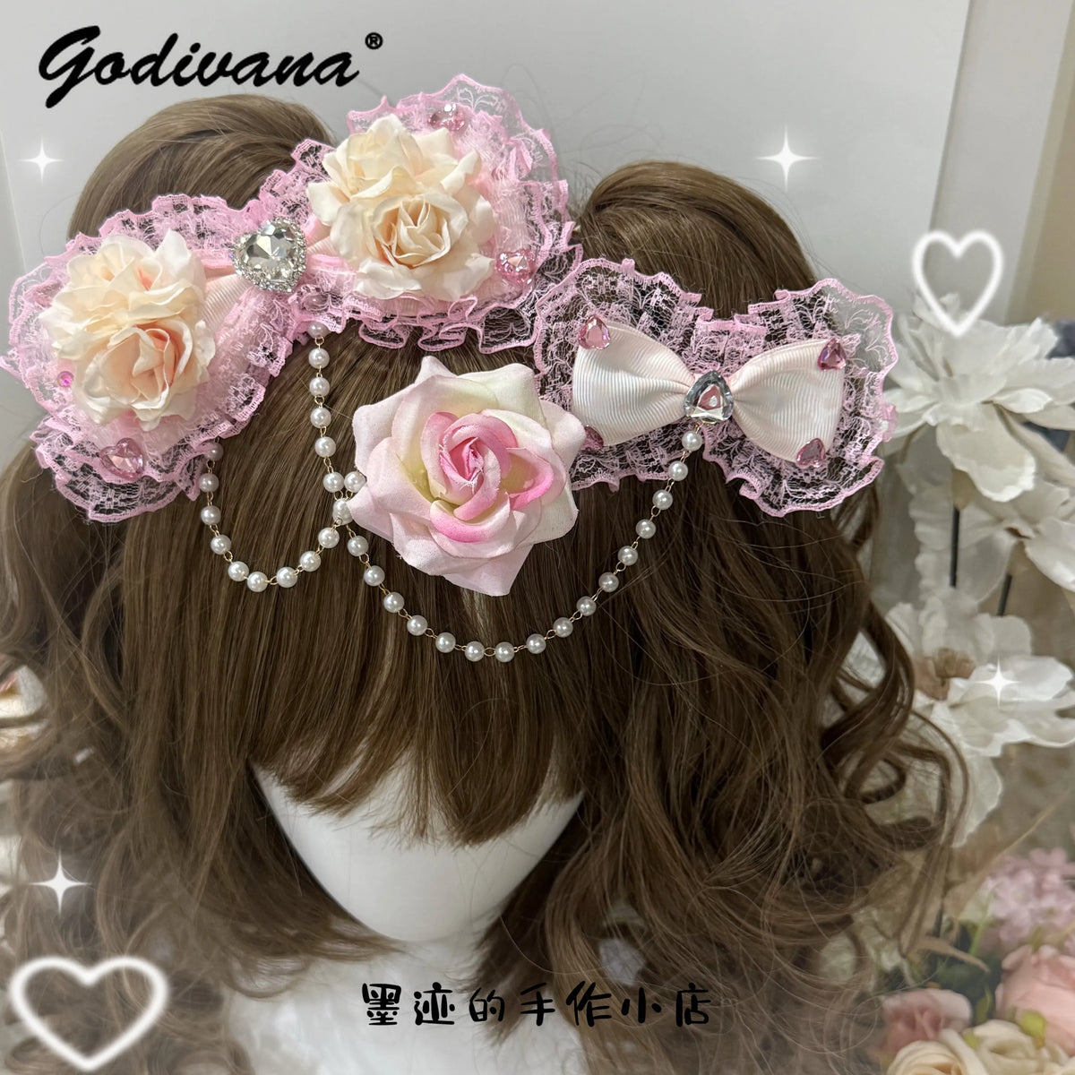 Lace Bow Hairpin with Pearl Chain & Floral Accents