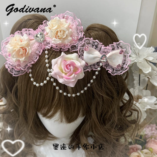 SS69 Lolita Lace Bow Hairpin with Pearl Chain and Floral Accents