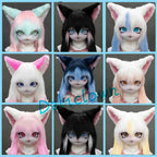 Grid of nine colorful animal kigurumi fursuit head masks with large eyes and long hair.