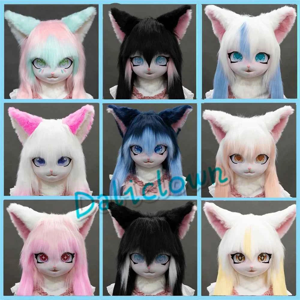 Grid of nine colorful animal kigurumi fursuit head masks with large eyes and long hair.