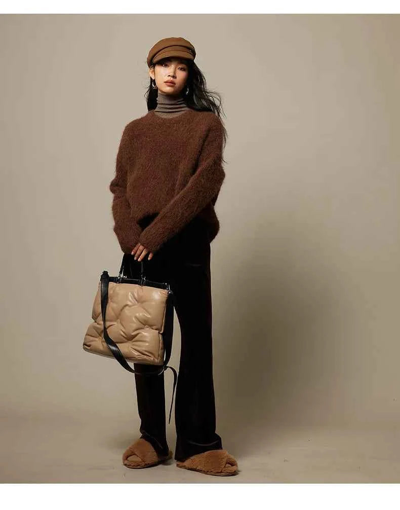 Warm Alpaca Pullovers for Woman, Dropped Sleeved Loose Sweaters, 2025 Fall Winter Top, Camel, Beige