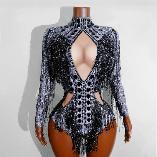 SS69 Women's Rhinestone Tassel Bodysuit Cotton Blend Stage Dance Leotard