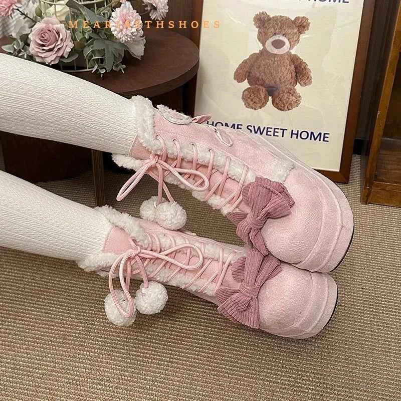 pink Sweet Winter Girls Lolita Mid-Calf Snow Boots,Cute Female Students Plush Warm Bowknots Lace Up Wedge Heel Heightening Shoes