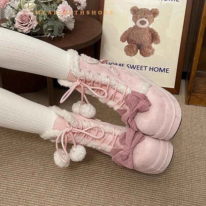 pink Sweet Winter Girls Lolita Mid-Calf Snow Boots,Cute Female Students Plush Warm Bowknots Lace Up Wedge Heel Heightening Shoes
