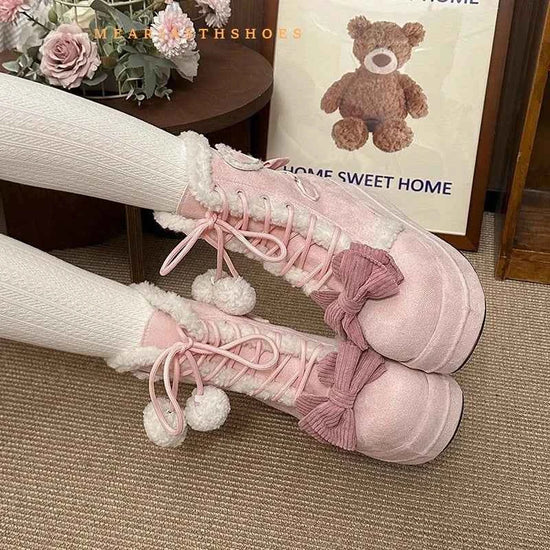 pink Sweet Winter Girls Lolita Mid-Calf Snow Boots,Cute Female Students Plush Warm Bowknots Lace Up Wedge Heel Heightening Shoes