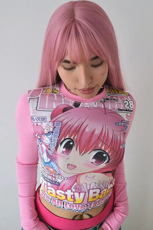 Deeptown Harajuku Kawaii Anime Graphic T Shirts Women Cutecore Cartoon Patchwork Tees Y2K Aesthetic Slim Crop Top Japanese 2000s SS69
