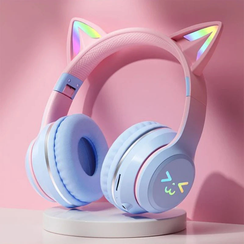 GUZMYYFC Cat Ear Wireless Bluetooth 5.1 Headset with RGB Lights and Mic