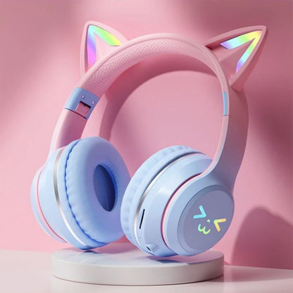 GUZMYYFC Cat Ear Wireless Bluetooth 5.1 Headset with RGB Lights and Mic