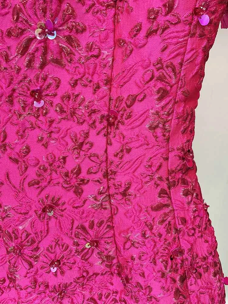 HIGH STREET Newest 2024 Designer Fashion Stylish Dress Women's Beaded Floral Jacquard Trimmed Dress