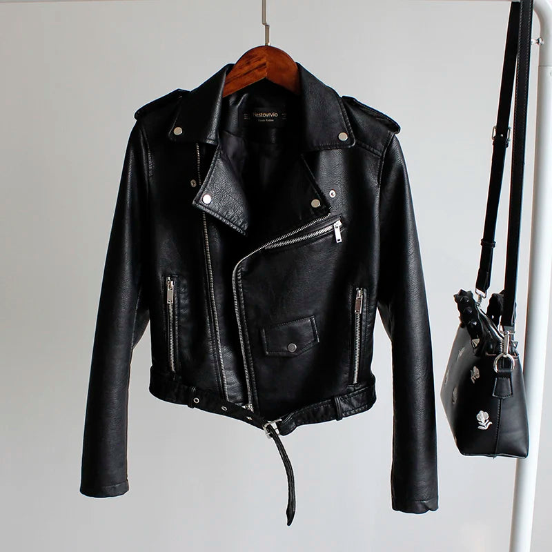 Women's PU Leather Motorcycle Jacket - Slim Fit, Turn-Down Collar