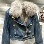 Winter Women Denim Coat Jacket Fox Collar Short  Warm High Street Outerwear Thicken Coat High Quality Luxury Design Party Wear