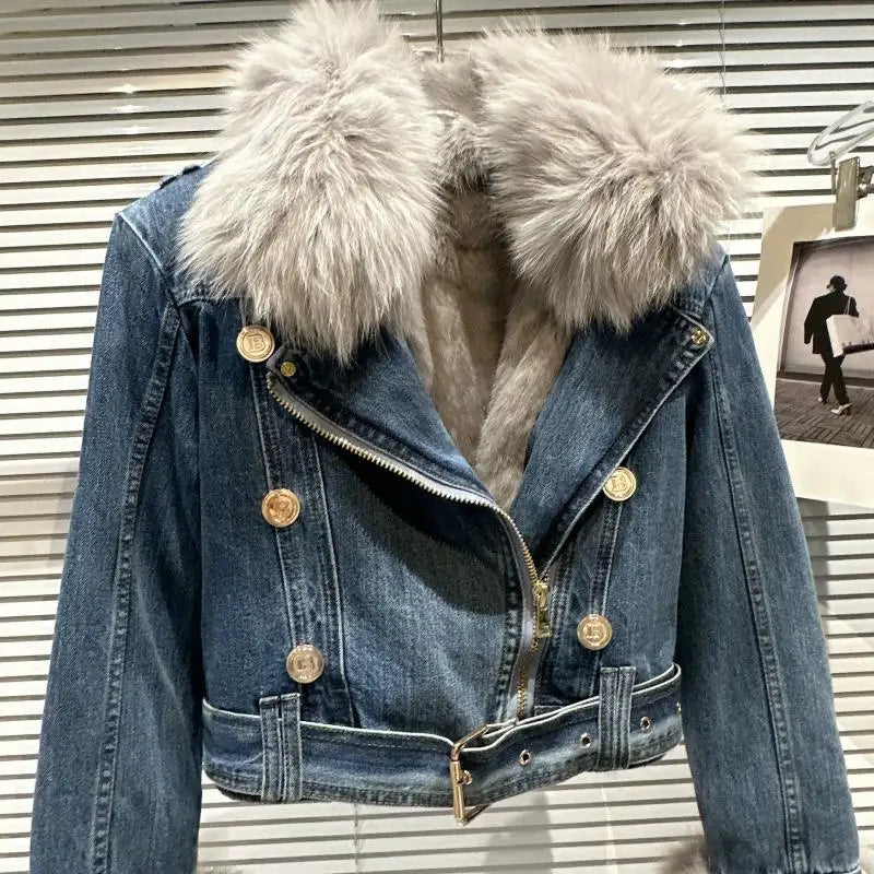 Winter Women Denim Coat Jacket Fox Collar Short  Warm High Street Outerwear Thicken Coat High Quality Luxury Design Party Wear