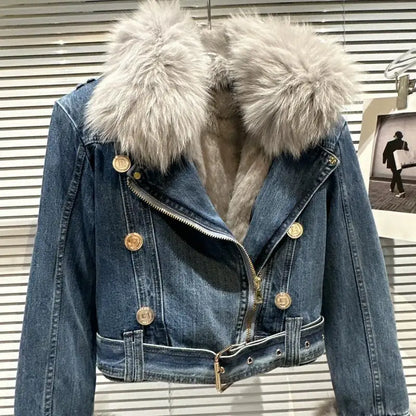 Winter Women Denim Coat Jacket Fox Collar Short  Warm High Street Outerwear Thicken Coat High Quality Luxury Design Party Wear