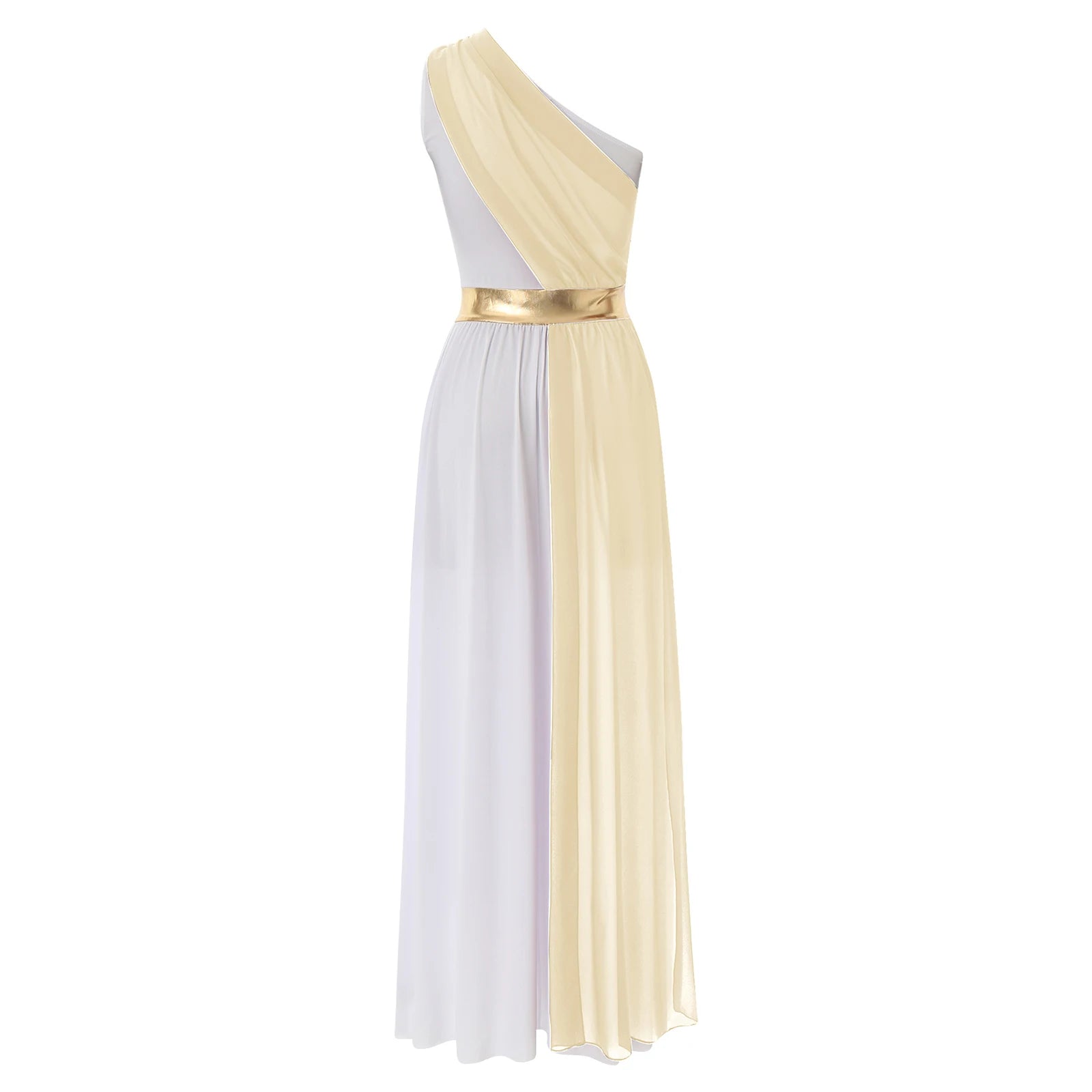 Womens One-Shoulder Greek Goddess Costume Dress with Chiffon Overlay