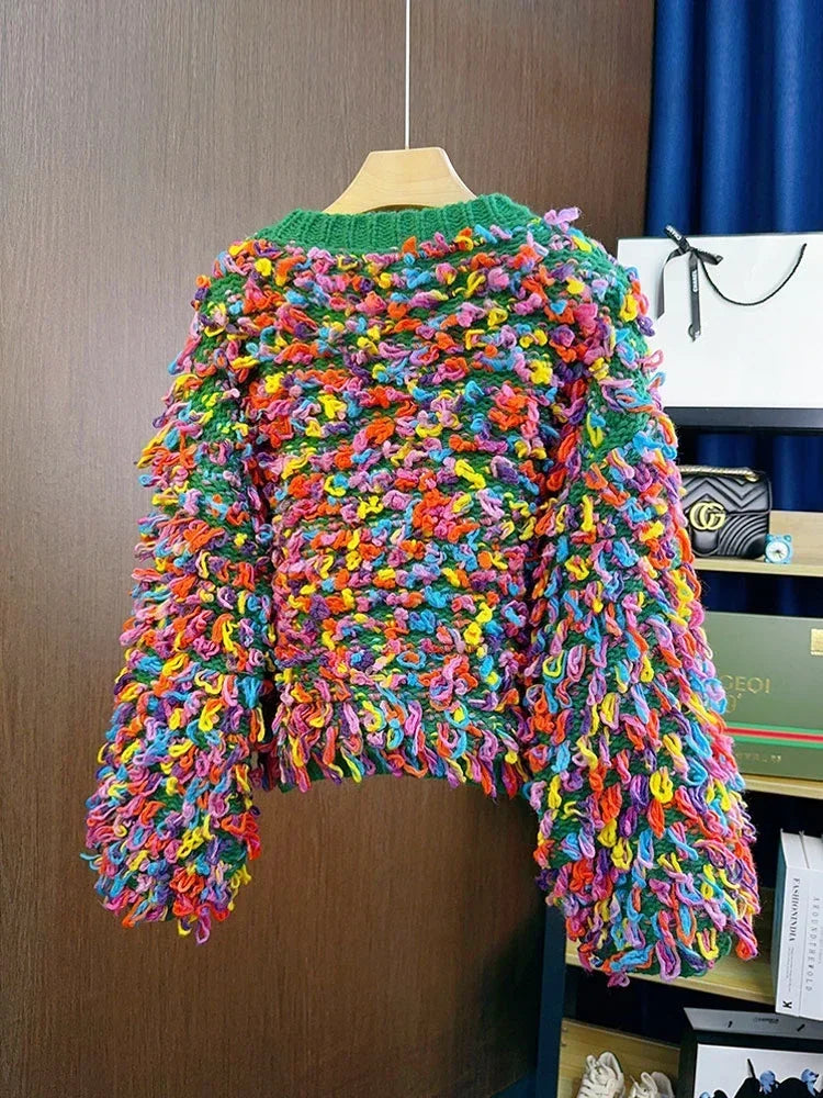 Fringe Crochet Jumper Rainbow Color Handmade Sweater Crew Neck Thick Needles Knit Pullover Knitwear Autumn/Winter Women Clothing SS69