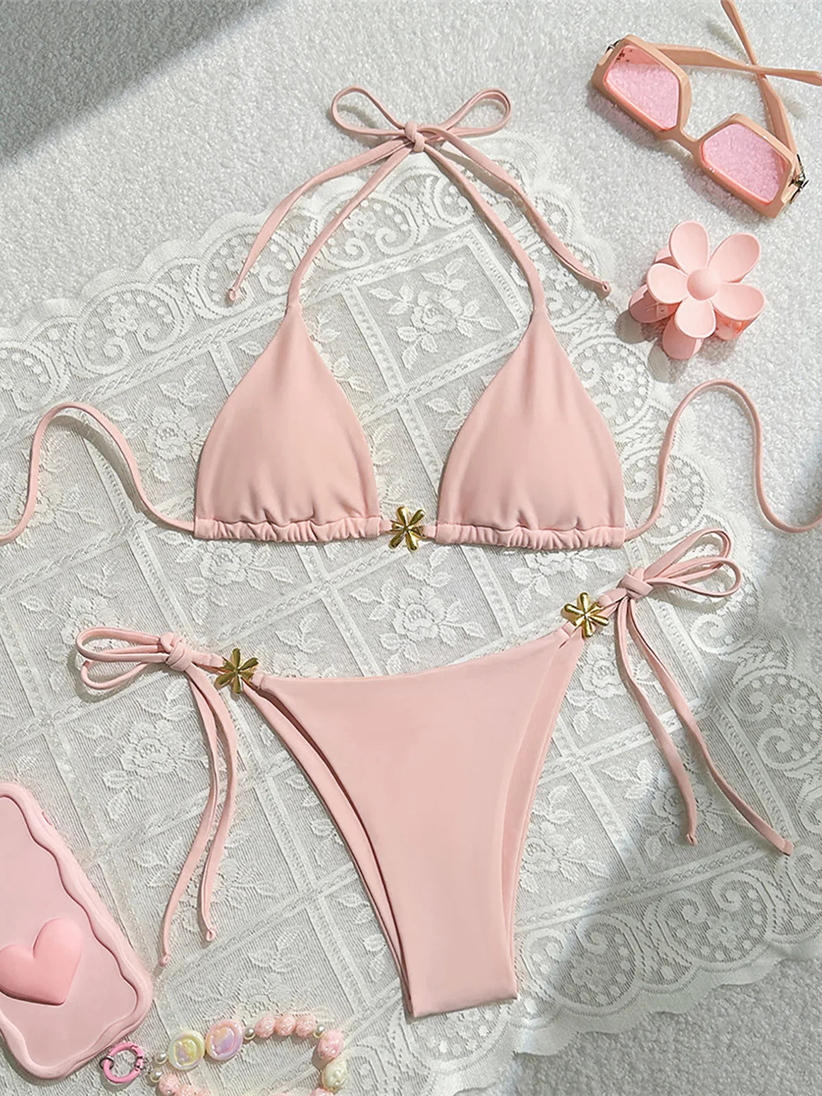 S - XL Metal Flower Halter Strappy Bikini Female Swimsuit Women Swimwear Two-pieces Bikini set Bather Bathing Suit Swim V6504 SS69 15.69 Pink / XL