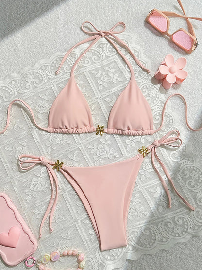 S - XL Metal Flower Halter Strappy Bikini Female Swimsuit Women Swimwear Two-pieces Bikini set Bather Bathing Suit Swim V6504 SS69 15.69 Pink / XL