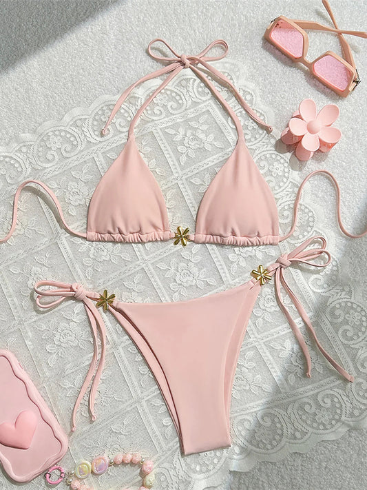 S - XL Metal Flower Halter Strappy Bikini Female Swimsuit Women Swimwear Two-pieces Bikini set Bather Bathing Suit Swim V6504 SS69 15.69 Pink / XL