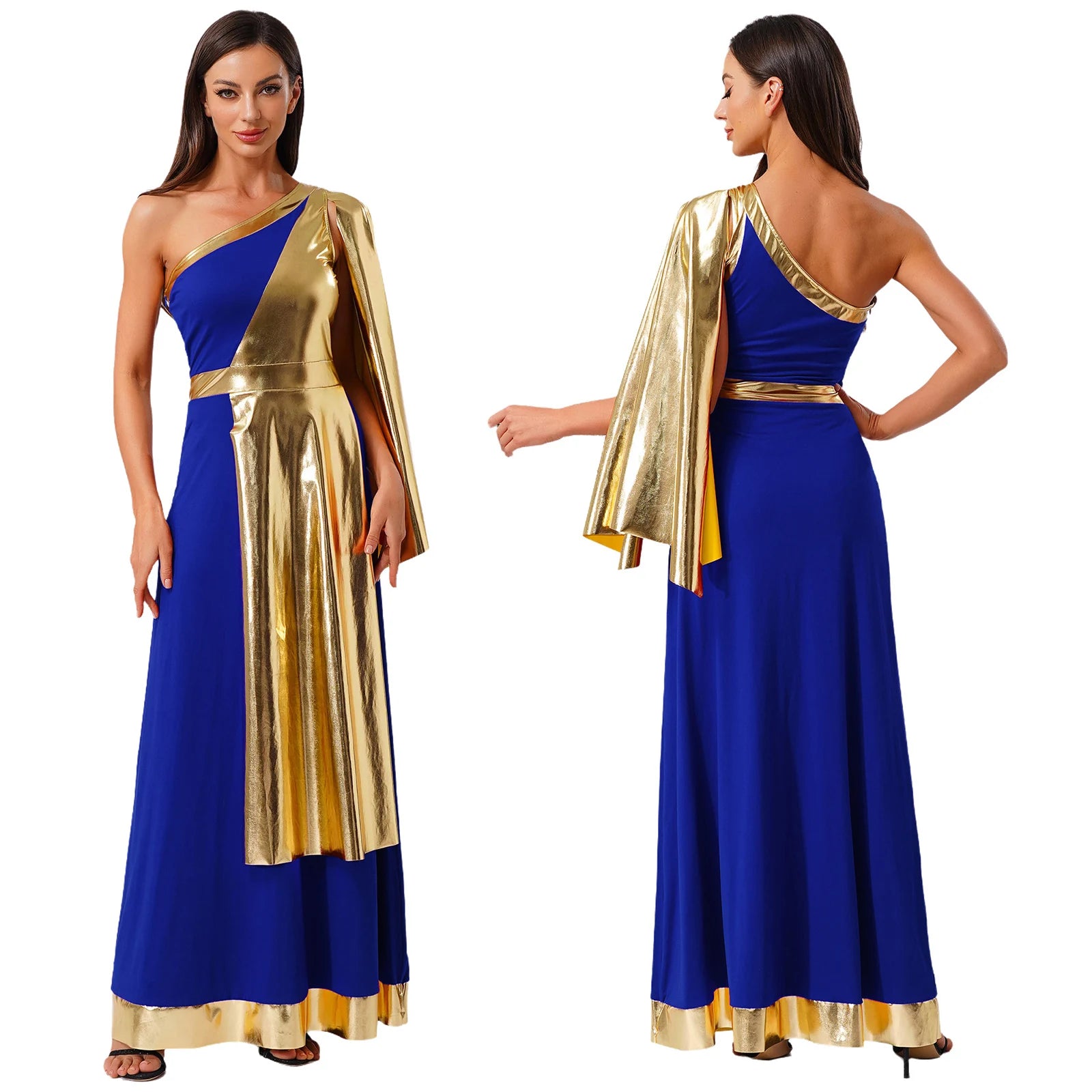 One-Shoulder Greek Goddess Tunic Dress with Metallic Drape