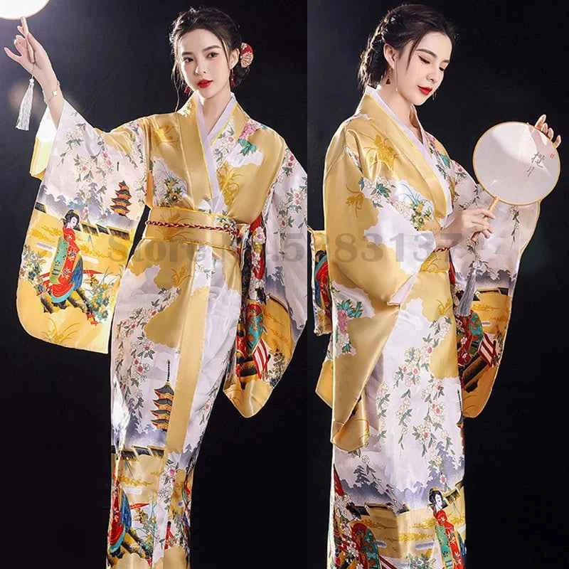 Women's Japan Kimono Gown Traditional Vintage Dress Fashion Print Geisha Robe Yukata with Obi Novelty Elegants Kimono Costume